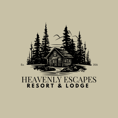 Logo of Heavenly Escapes Resort & Lodge featuring a cabin surrounded by trees.