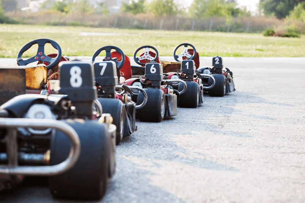 Race cars parked on kids racetrack